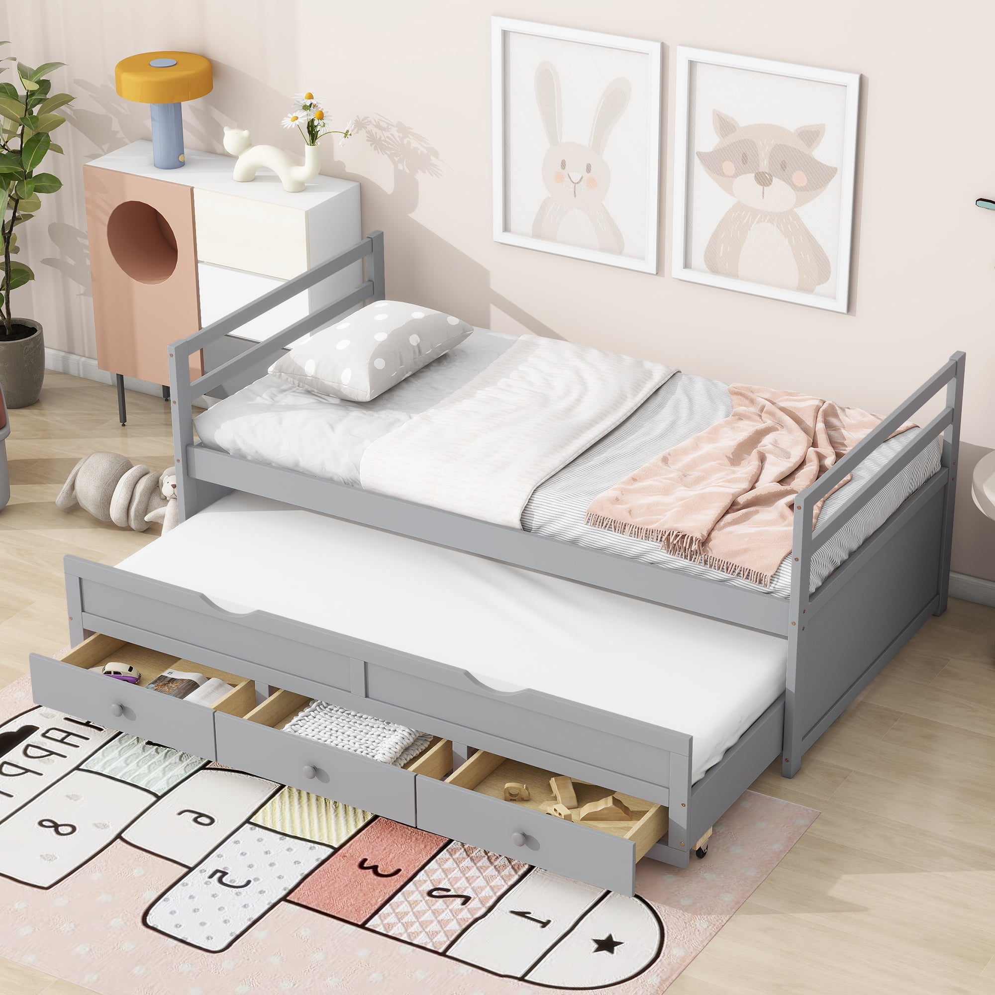 Sailvan Twin Size Bed with Headboard, Footboard, Trundle and 3 Storage Drawers, Pine Wood Bed
