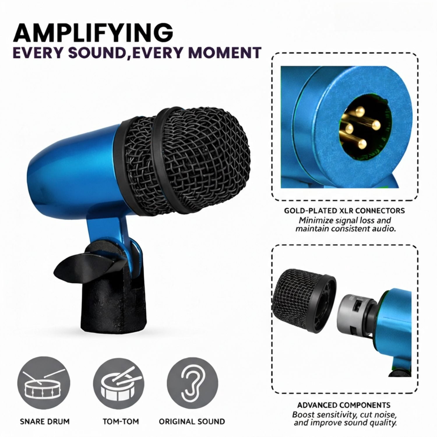 Bass Microphone, Portable Microphone, Clip-on Microphone, with Desktop Stand and XLR Interface, Suitable for Recording Studios and Concerts