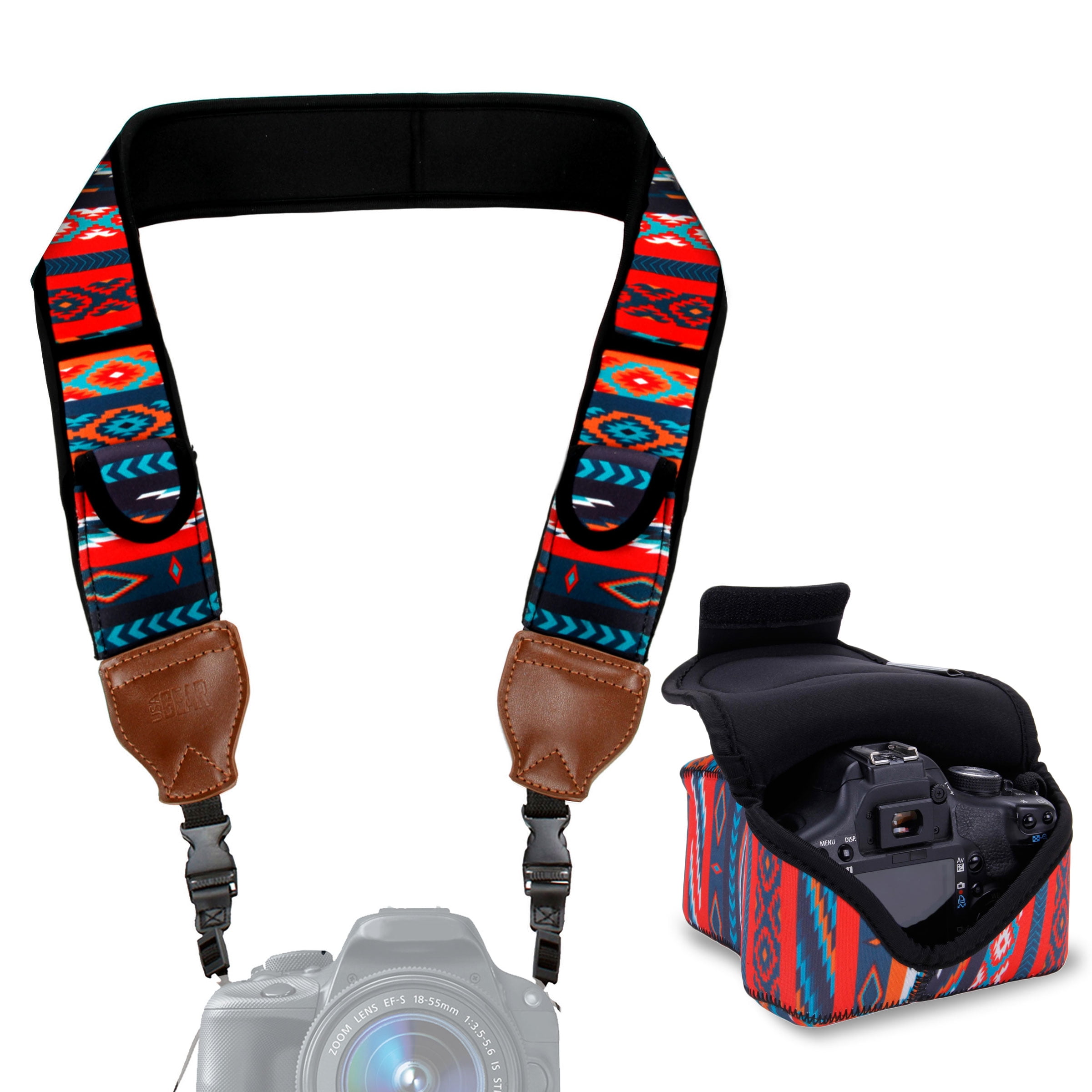 USA GEAR Neoprene Camera Strap and Camera Case Southwest with Quick Release Buckles and Accessory Storage Pockets - Compatible with Canon , Fujifilm , Nikon , Olympus , Sony and More Cameras
