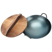 Cast Wok with 2 Handle and Wooden Lid: Nonstick Deep Frying Pan for Authentic Asian Chinese Stir- Fry Grilling Frying Steaming.5cm