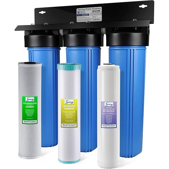 iSpring Whole House Water Filter System w/ Polyphosphate Anti-Scale, GAC+KDF, and Carbon Block Water Filters, 3-Stage Water Descaler and Water Filter, Model: WGB32B-KDS