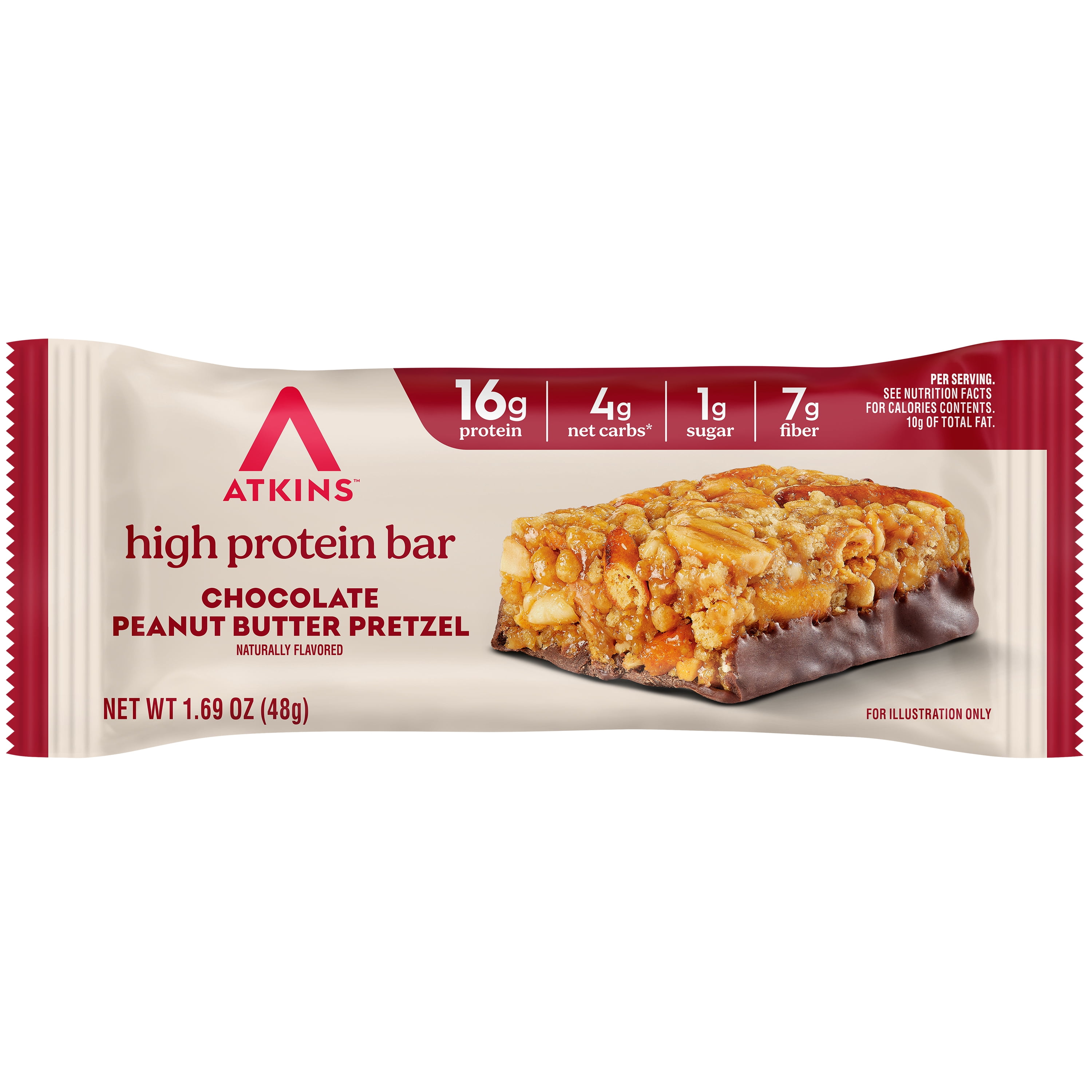 Atkins High Protein Bars, Chocolate Peanut Butter Pretzel Flavored, 16g Protein, 1g Sugar, 4 Count