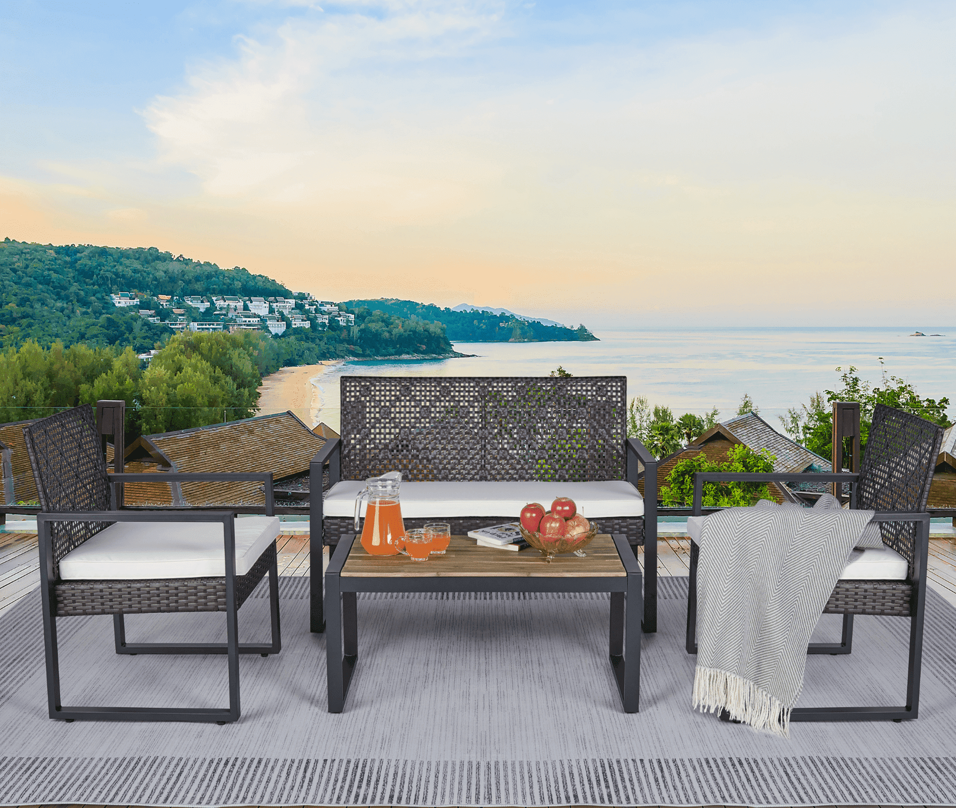 4-Piece Outdoor Furniture Set,  Backyard Rattan Patio Table Set Cushioned for 4, All-Weather Conversation Set with Table for Porch Furniture for Garden Lawn Backyard