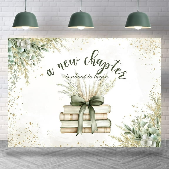 7x5FT Baby Shower Backdrop A New Chapter is About to Begin Photography Background Boho Green Bowknot Books Newborn Baby Shower Party Decorations Cake Table Banner Supplies Photo Booth Props