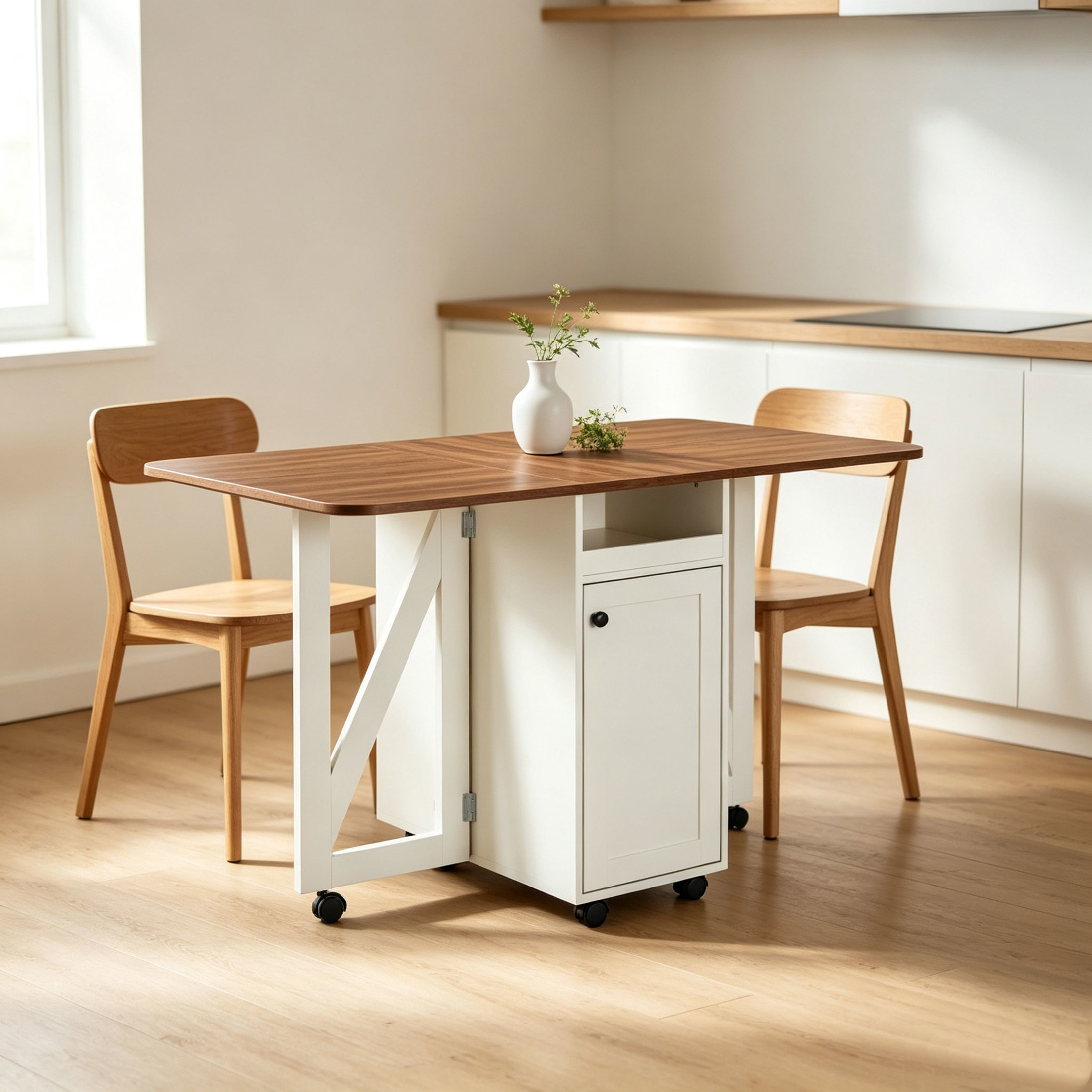 GDF Studio 50.8" Foldable Drop Leaf Dining Table with Rolling Storage Cabinet, White+Walnut