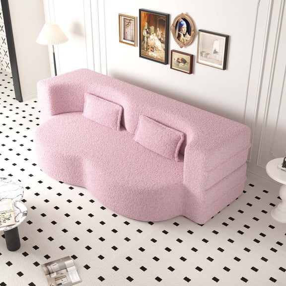 Miniyam Convertible Teddy Fabric Foam-Filled Sleeper Sofa Bed, 15" Full Size Folding Mattress for Living Room, Guest Bed, Playroom， No Assembly Required, Pink