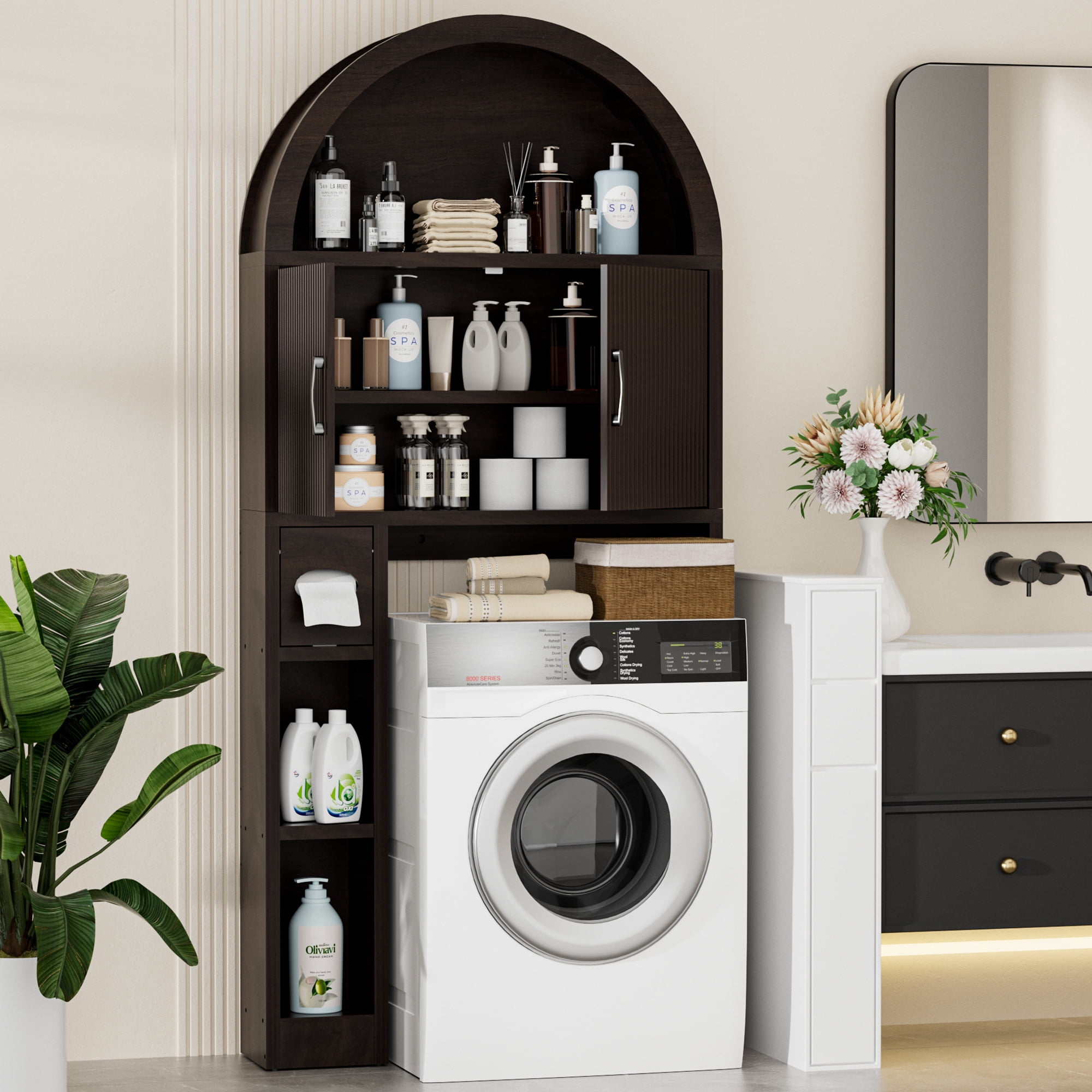 HARIPUL Over The Toilet Storage Cabinet w/ Unique Wood Grain & Arc Design, Freestanding Bathroom Shelf Organizer Space Saver w/ Doors & Anti-Tip Device, Coffee Color