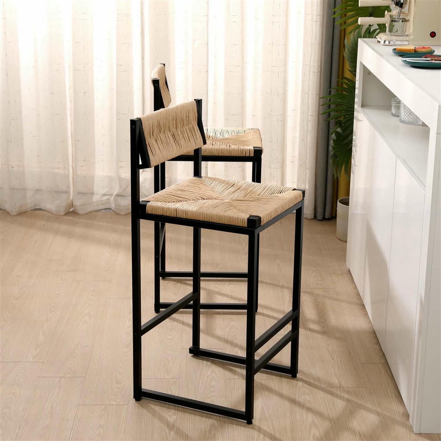 Demi Bonn 34" Counter Height Bar Stools Set of 2, Paper Rope Weave Barstools with Back, Armless Kitchen Island Countertop Chairs for Dining Room, Beige