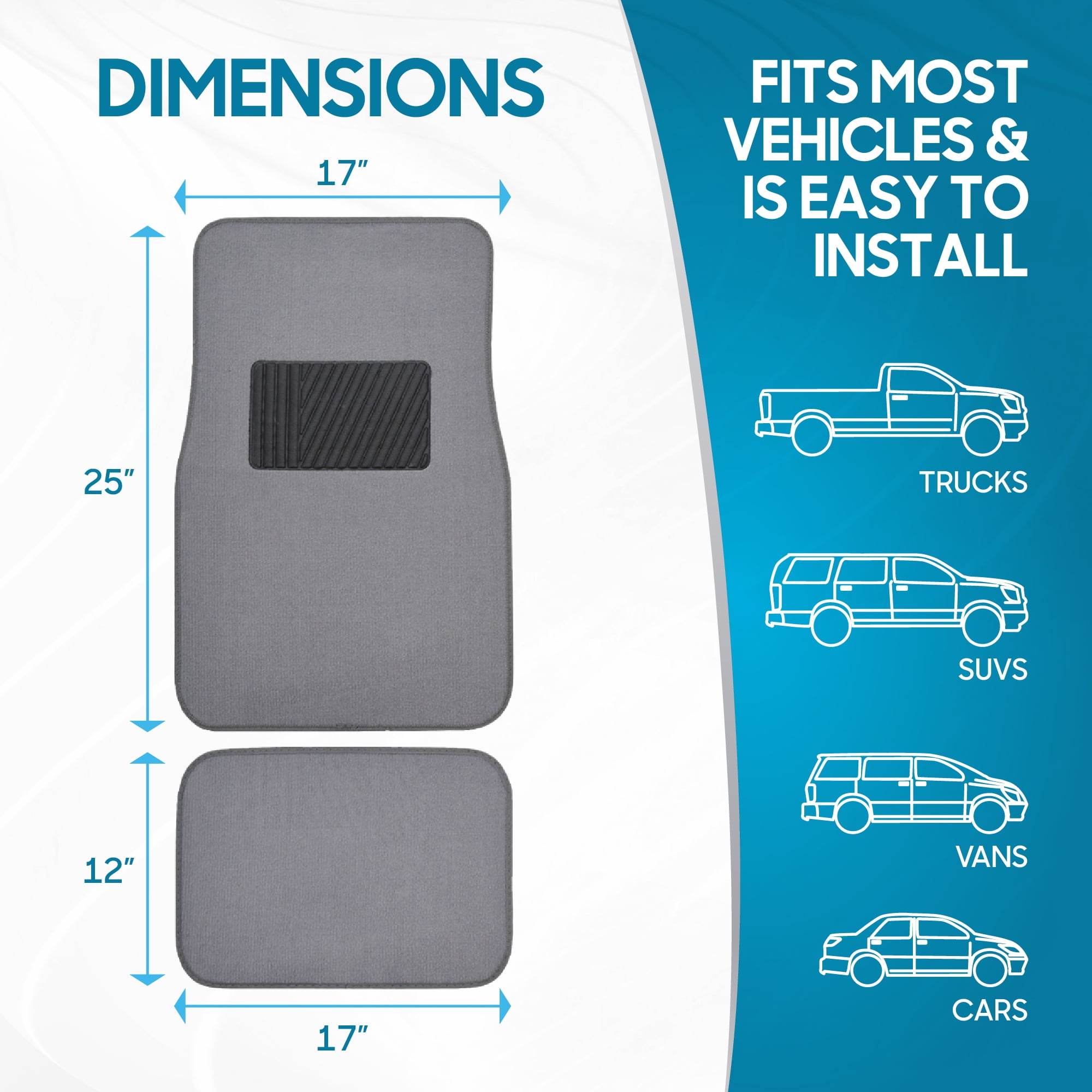 BDK Premium 4PC Set of Carpet Car Floor Mats with Vinyl Safety Heel Pad for Car, Truck, SUV, Coupe Sedan, Light Gray (MT-100-LG)
