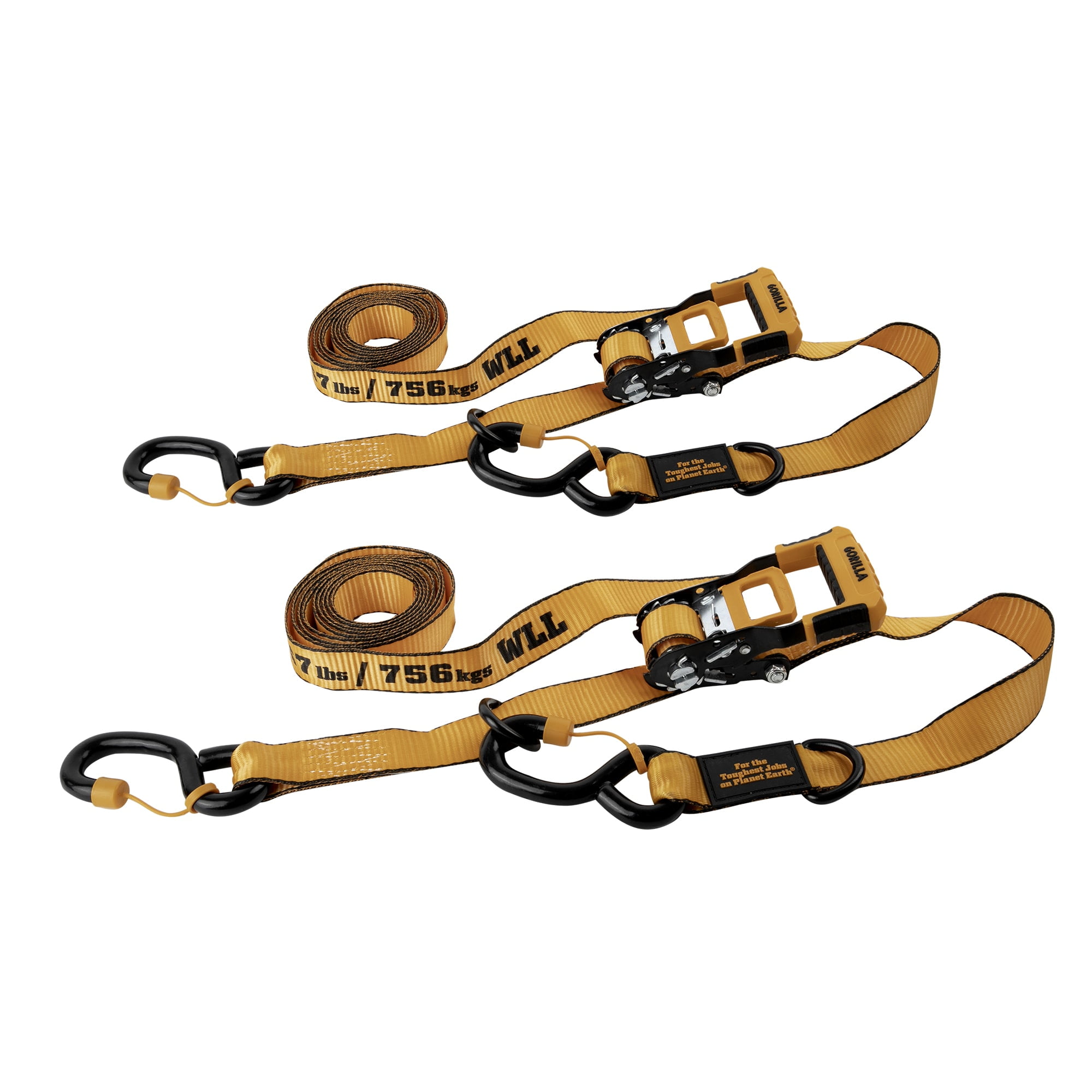 Gorilla 2 Pk 1.5" X 14' Ratchet Strap W/ Orange Gorilla Grip Handle W/ Cap Locks W/ Floating "D" Rings (Orange Webbing)