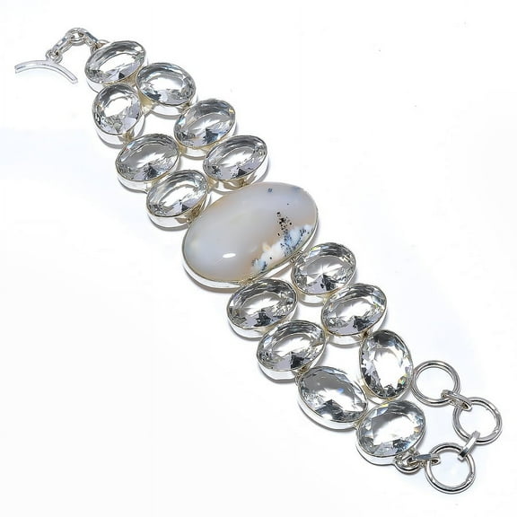 Dendritic Opal & White Topaz 925 Sterling Silver Bracelet 7.99" S6192, Gemstone Jewelry, Birthday Gift, Beautiful Jewelry For Woman & Girls