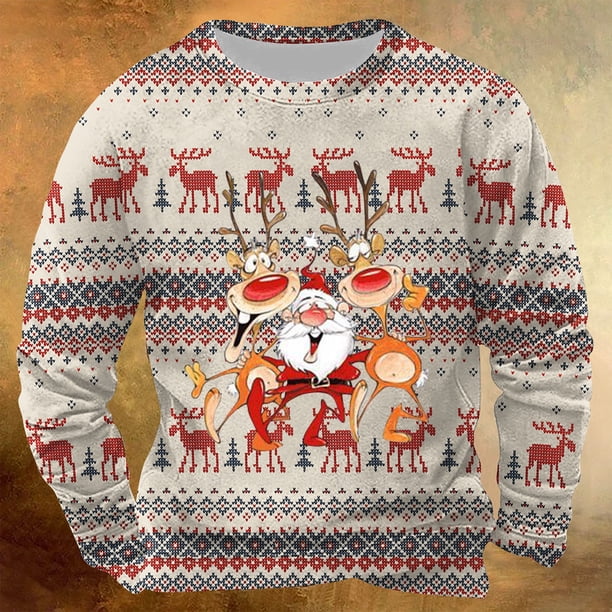 Sudadera sin capucha para hombre, informal, a la moda, con cuello redondo, estampado navideño, jersey de manga larga, blusa de poliéster para hombre