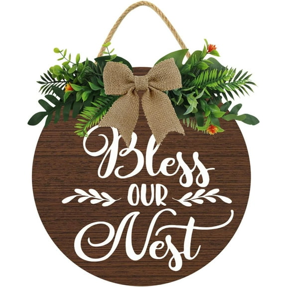 Eveokoki 12" Bless Our Nest Wreaths Decor Sign Front Door Round Wood Hanging Sign with Ribbon Bow and Artificial Green Leaves, Farmhouse Porch Decorations for Thanksgiving