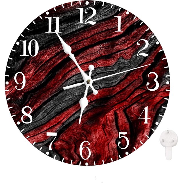 TRAHOO-Round Wall Clock Battery Operated Clocks Wallclock 10 Inch,Red and Black Abstract Waves Geometric Silent Non Ticking Wall Clock for Living Room,Kitchen,Home,Bathroom,Bedroom,Office or School