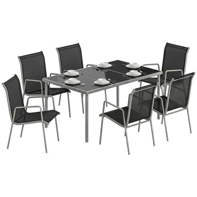 Outsunny 7 Piece Garden Dining Set with 6 Stackable Chairs, Silver and Black