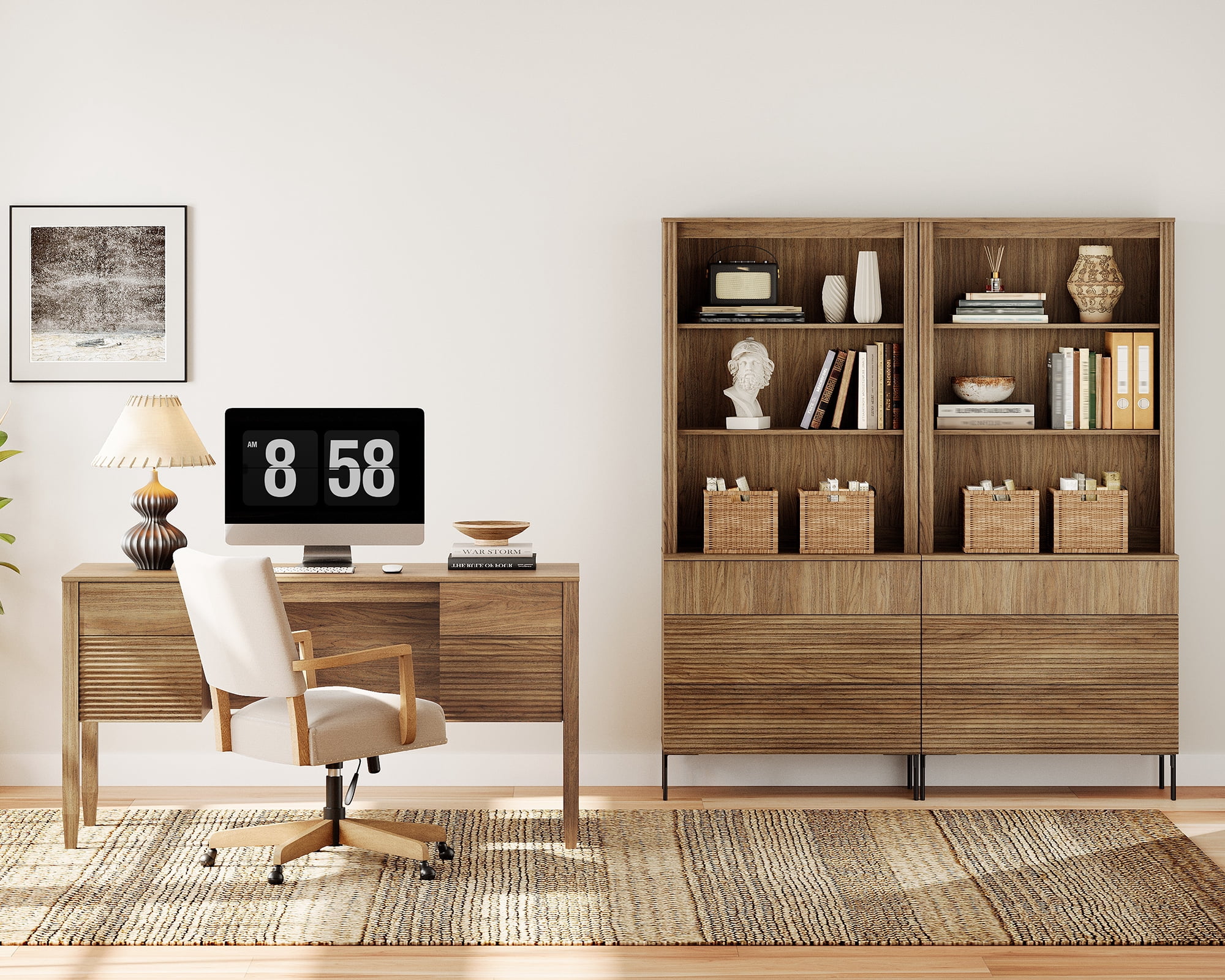 WAMPAT 3 Piece Home Office Furniture Set, 58" Writing Desk with 71.5" T Bookcase, Bookcase with 6 Drawers, Adjustable Shelves, Modern Fluted Wood Office Furniture for Home Office, Study Room, Bedroom