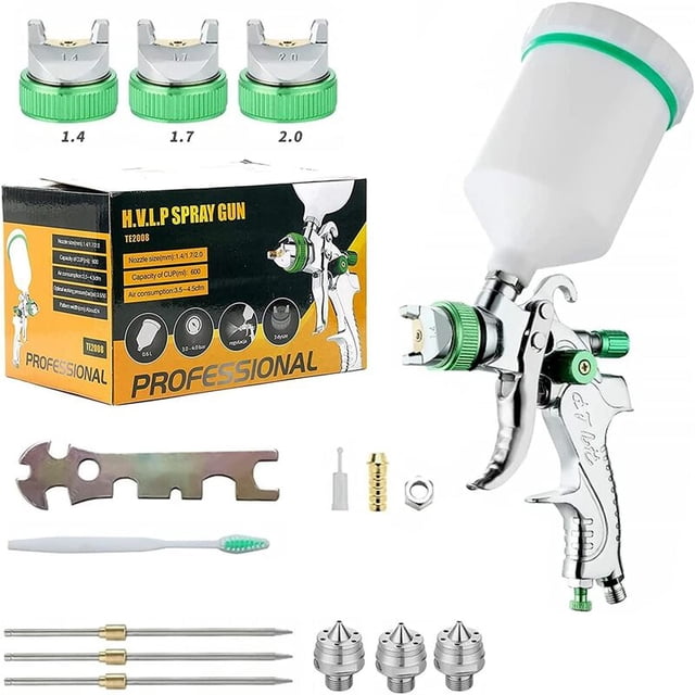 PISTOLA DE PULVERIZACIÓN de pintura de alta presión profesional Kit de pistola de pulverización de aire Hvlp 600cc pistola de pintura neumática de alimentación por gravedad 1,4mm/1,7mm/2,0mm verde + 3 tamaños Bu esquí esquí Gafas de esquí