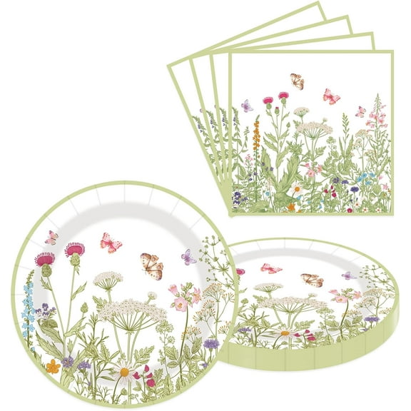 40 pcs Pary Paper Plates and Napkins Disposable Spring Flower 9 inch 20 pcs Dessert Party Plates & 20 pcs Napkins Tableware for Wedding Party Decorations