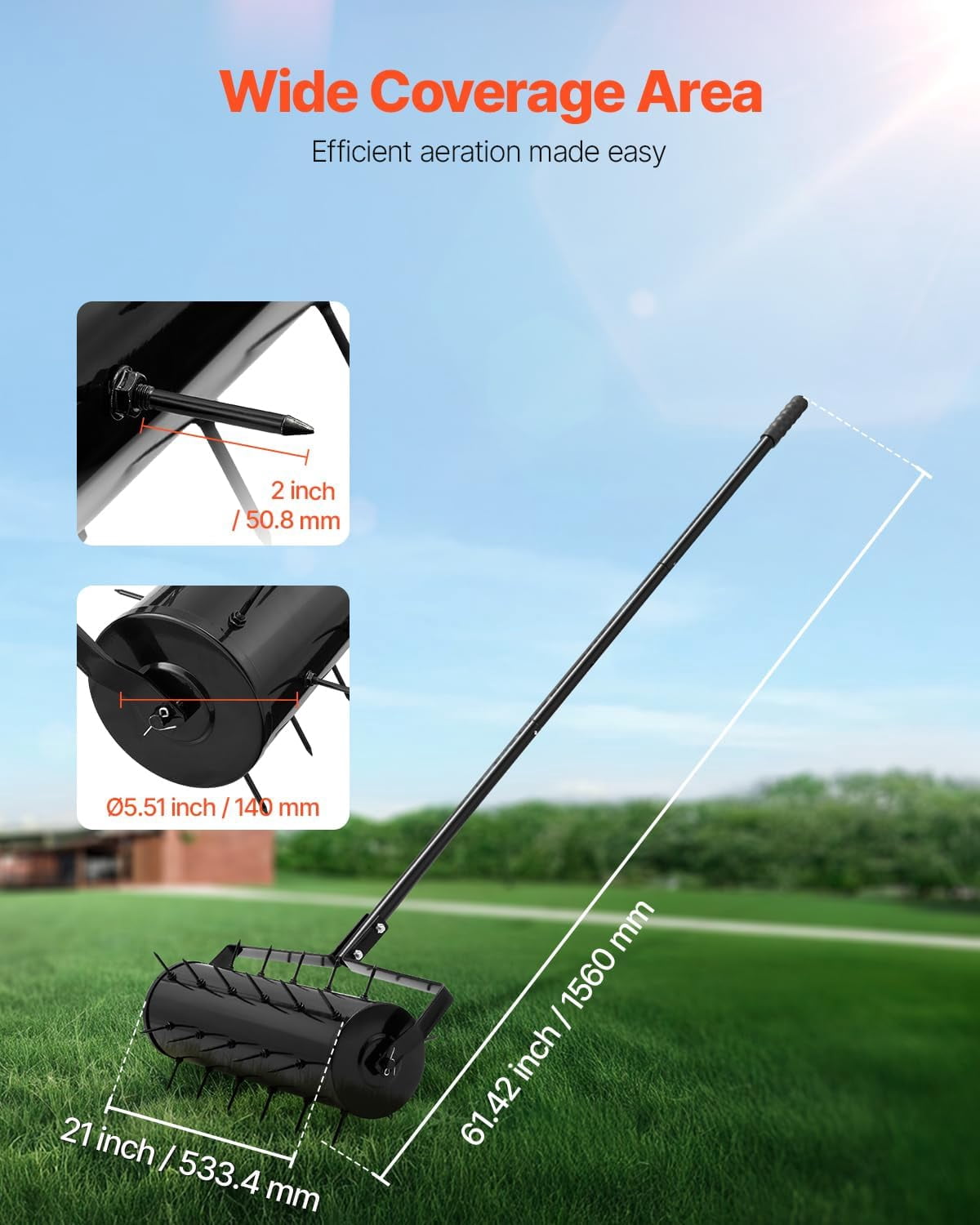 Rolling Lawn Aerator, 21-inch Heavy-Duty Manual Rolling Aerator Lawn with Detachable Handle and 33 Iron Spikes, Rolling Lawn Aeration Tool for Garden Patio Yard Compacted Soils and Lawns, Black