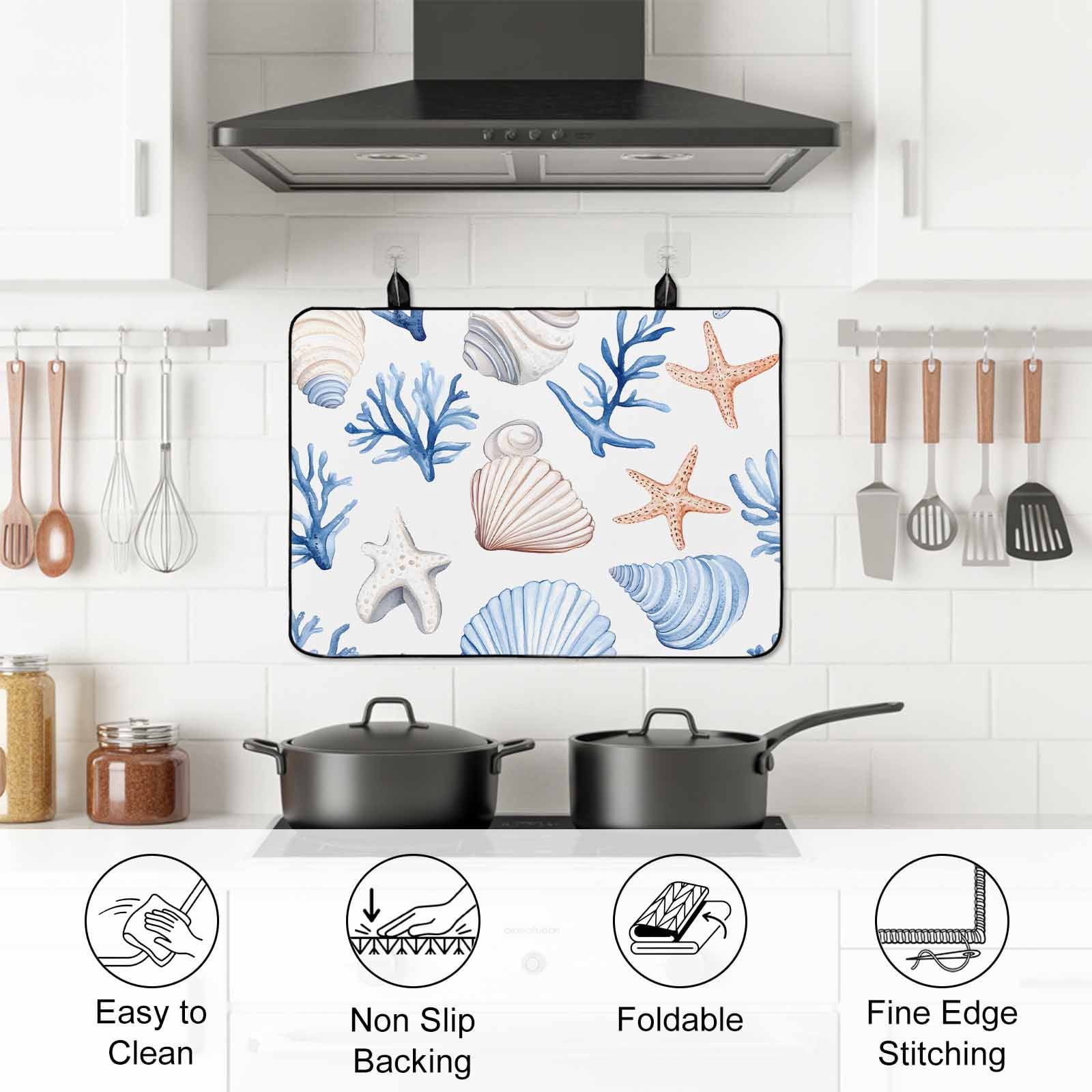 Ocean Coastal Stove Top Cover for Electric Stove, Heat-proof & Non Slip Glass Top Stove Cover Protector, Blue Coral Shell Starfish Beach Summer Kitchen Flat Cooktop Rubber Mat 24x21 Inches