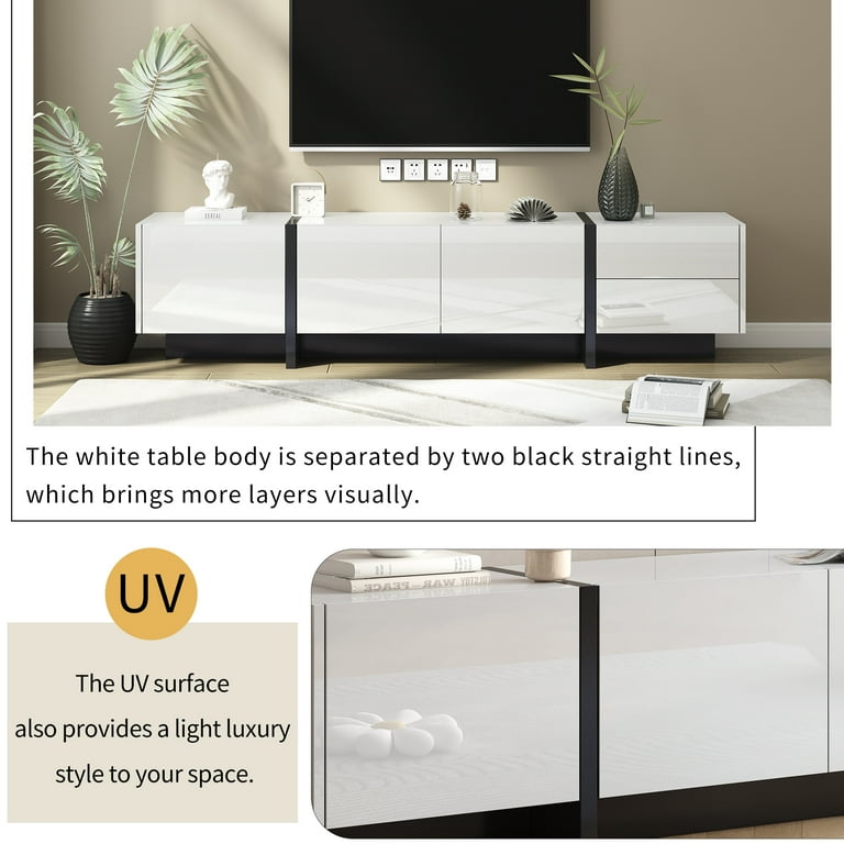 Fridayparts White Black Contemporary Rectangle Design TV Stand Unique Style TV Console Table for TVS Up to 80 Modern TV Cabinet with High Gloss UV