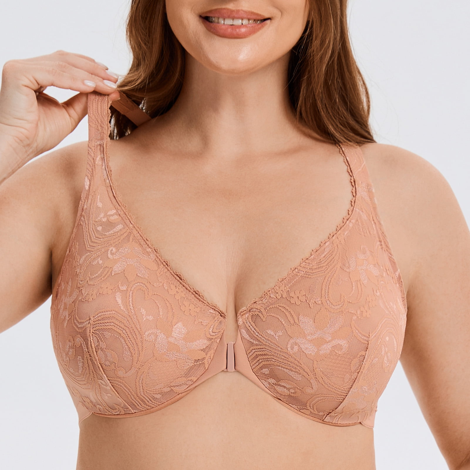 MELENECA Women's Plus Size Racerback Unlined Lace Underwire Front Closure Bra Cappuccino 48G