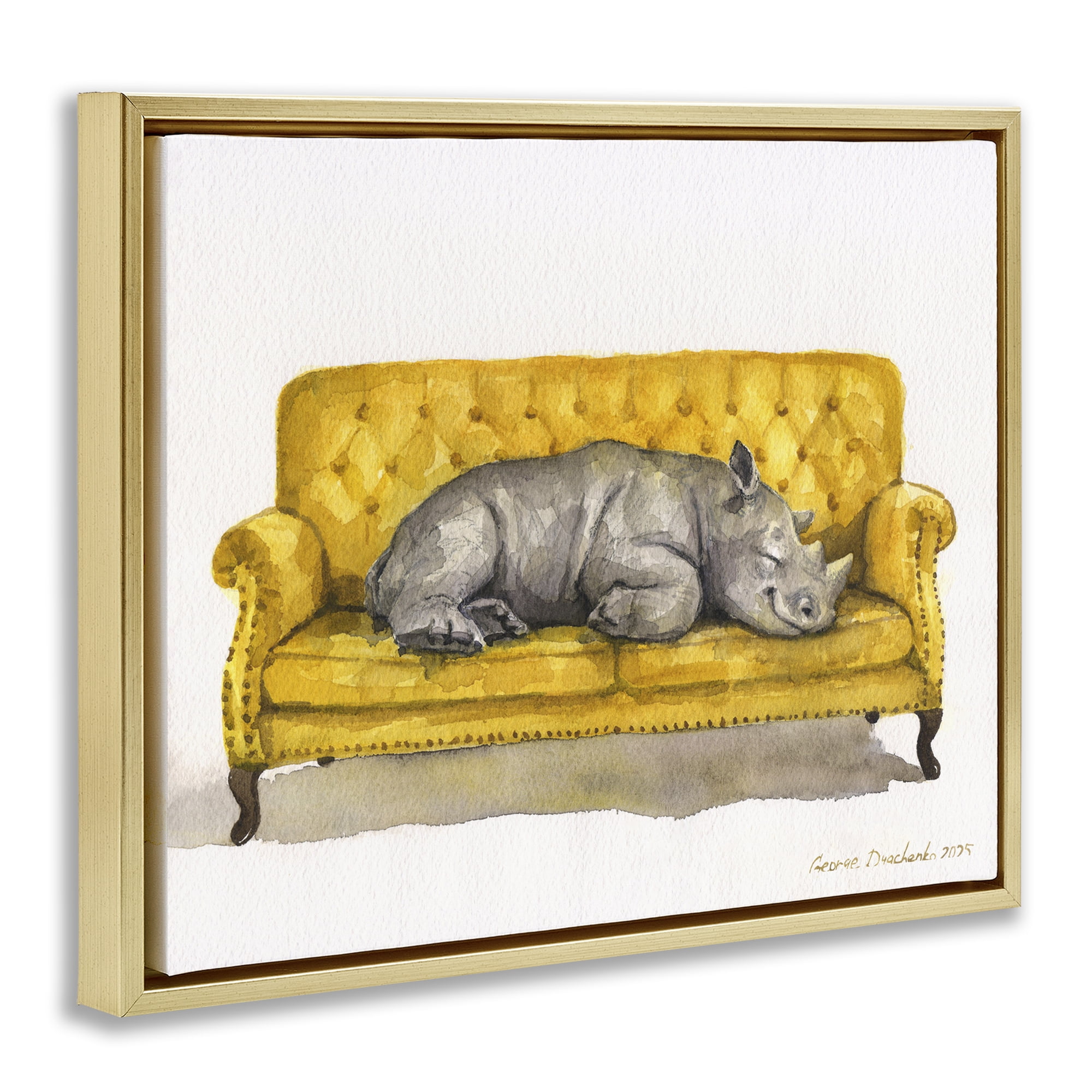 Stupell Industries Cute Rhino Resting Gold Framed Floater Canvas Wall Art, design by George Dyachenko