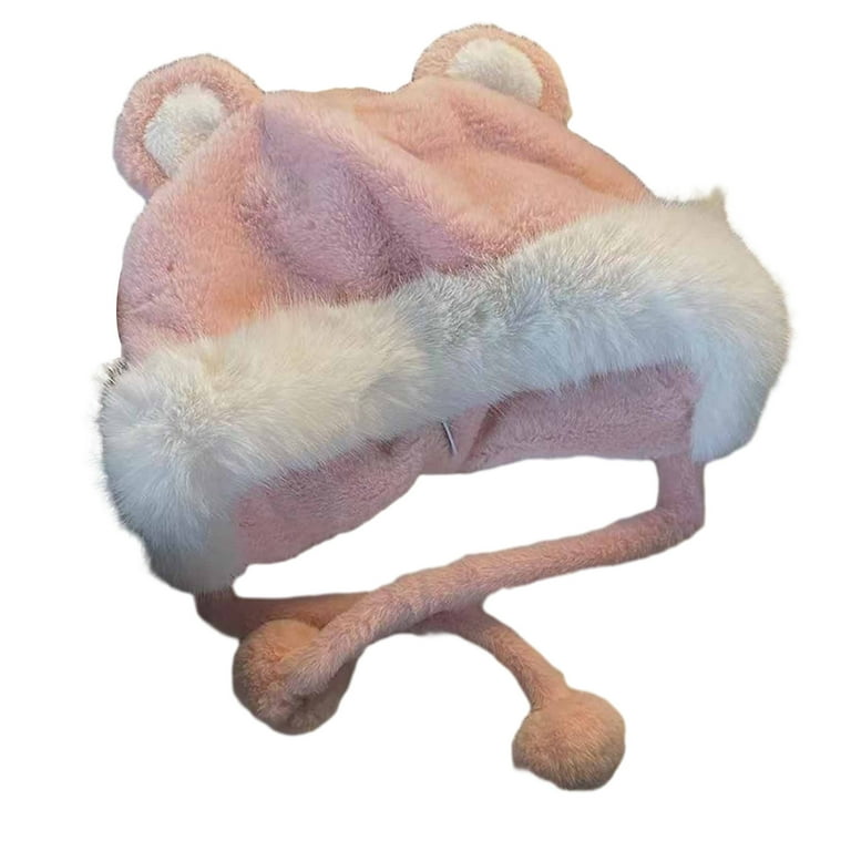 Cute Plush Faux Fur Cap with Ear Flaps Fuzzy Bear Hat Soft