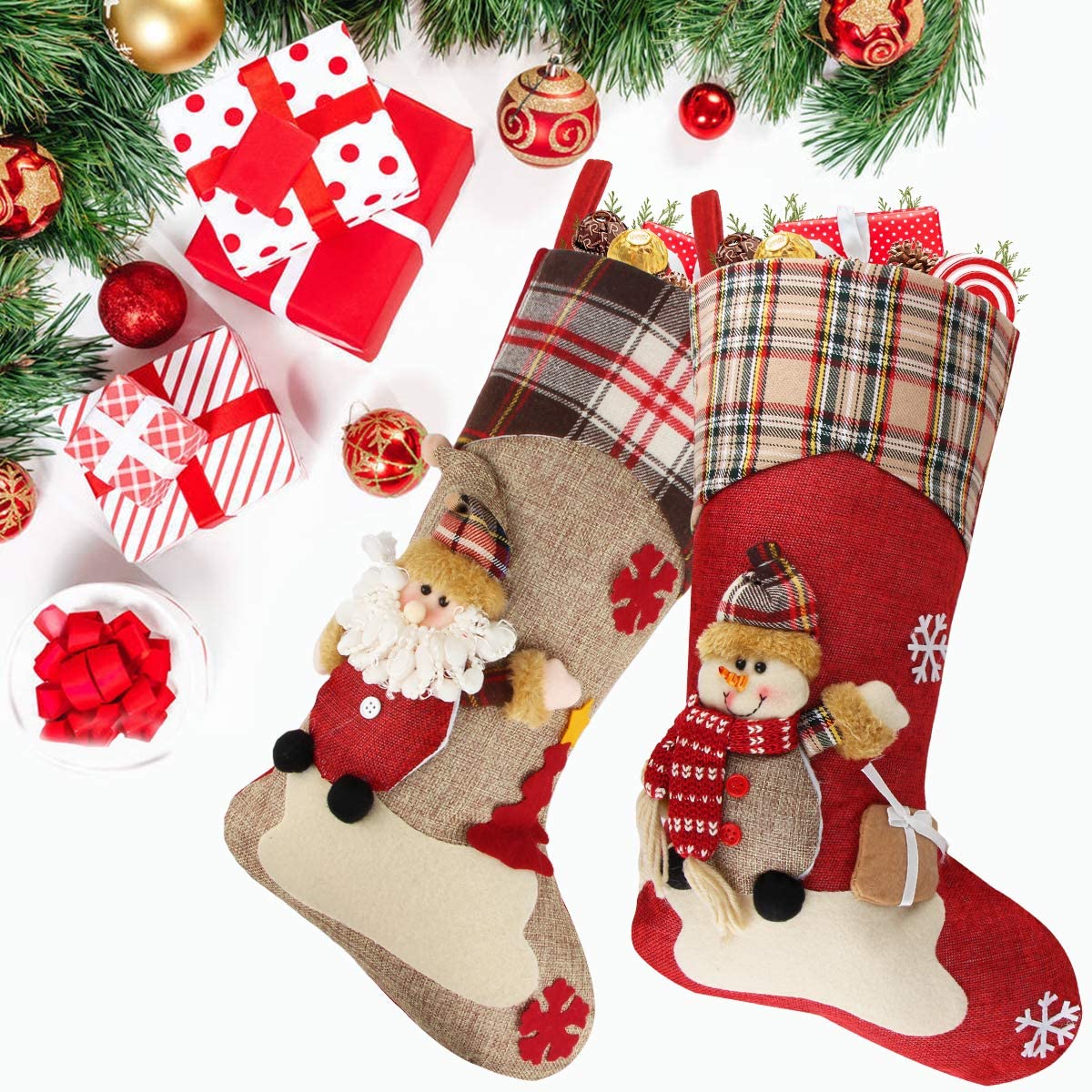 Reindeer Xmas Character 3D Plush Stockings Xmas Classic Decoration for Family Holiday Christmas Party Decorations Snowman Diamerd Christmas Stocking 3 Pack 17.3 Santa