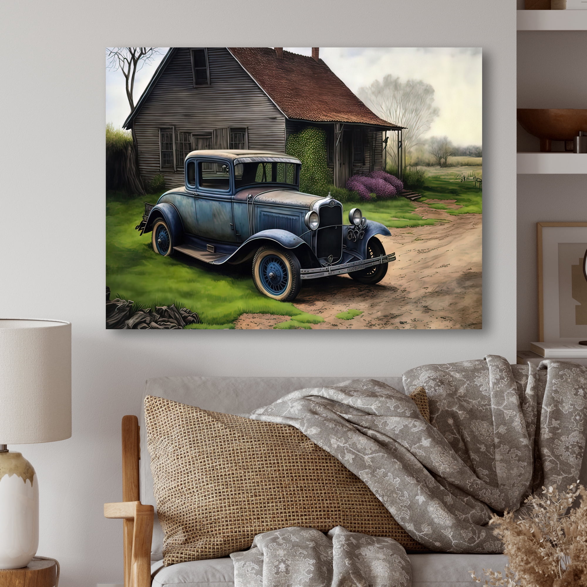 Designart 30S Ford Car In Barn V Canvas Wall Art
