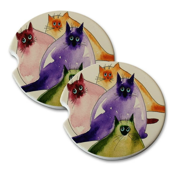 KuzmarK Sandstone Car Drink Coaster (set of 2) - Four Colorful Siamese Kitties Absract Cat Art by Denise Every