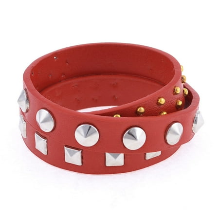 Rivet Leather Bangle - Unique Bargains Red Faux Leather Pyramid Rivets Decor Double Wrap Bangle Bracelet for Women