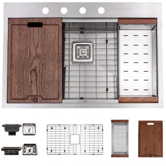 Strictly Sinks 33 Topmount Kitchen Workstation Sink - Silver Single Bowl 16 Gauge Stainless Steel