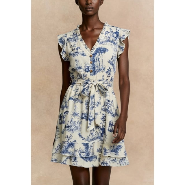 ELEVENMTL Women's Toile Print Short Dress Belted Pockets