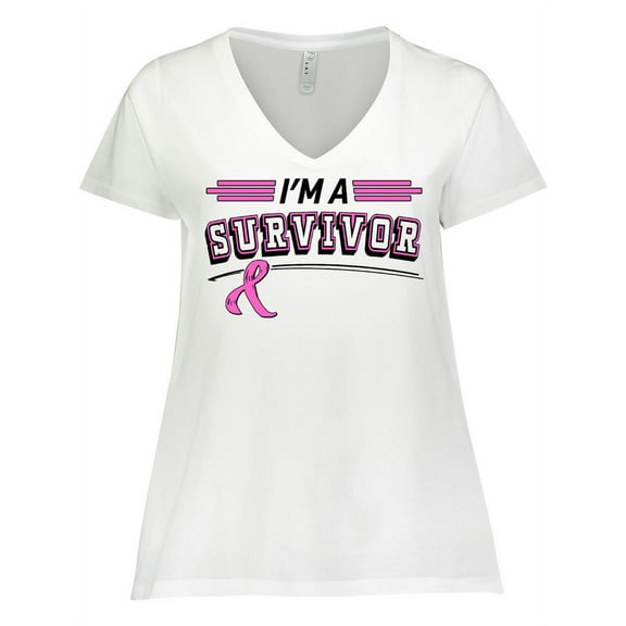 Inktastic I'm a Survivor Breast Cancer Awareness with Ribbon Women's Plus Size V-Neck T-Shirt