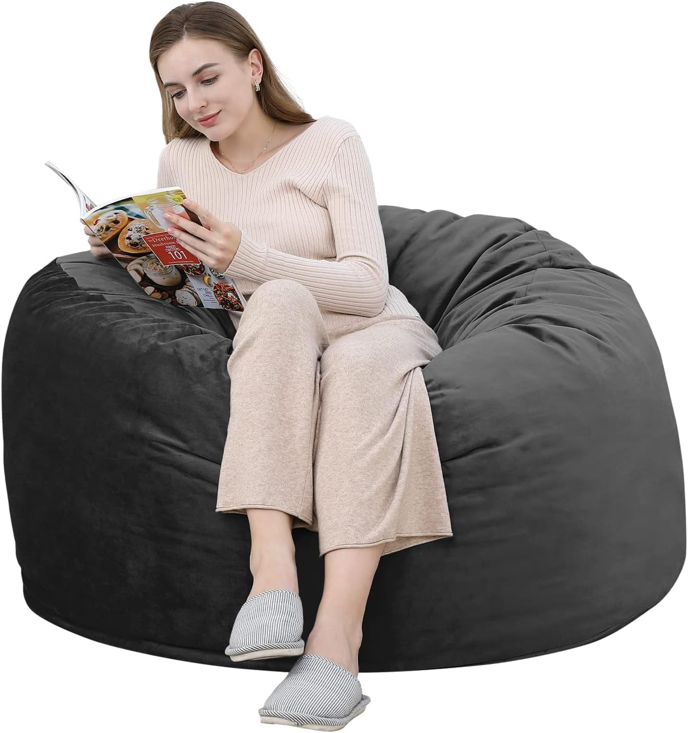 4 ft Bean Bag Chair, Memory Foam Bean Bag Chairs with Filling for Adults, Teens and Kids, Plush Lazy Sofa with Soft Velvet Cover for Living Room, Black