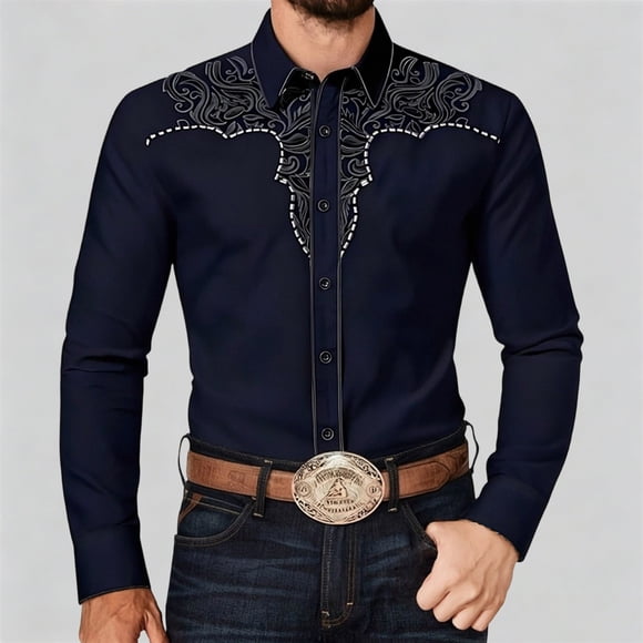 Men's Western Cowboy Shirts with Embroidered Long Sleeve Casual Button Down Shirt featuring Pockets for Everyday Wear Slim Fit Durable Everyday