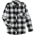 thumbnail image 1 of Project 28 Camisa con botones a cuadros Varsity de 3 rayas para mujer, Negro, X-Large, 1 of 1