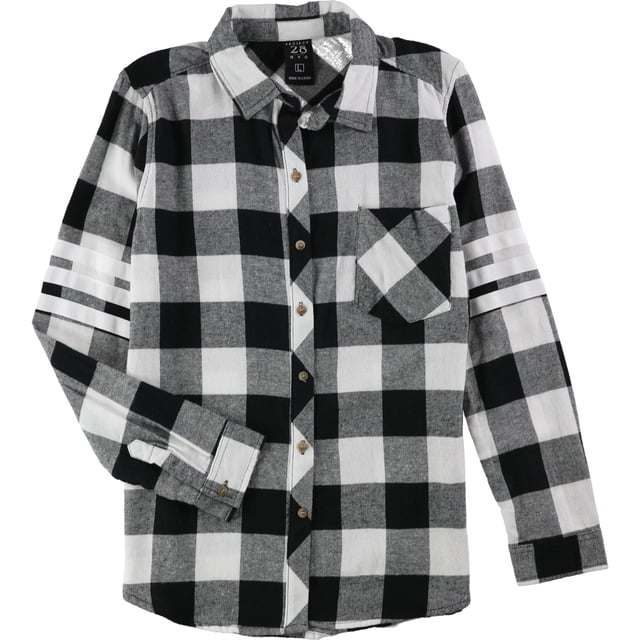 Project 28 Camisa con botones a cuadros Varsity de 3 rayas para mujer, Negro, X-Large