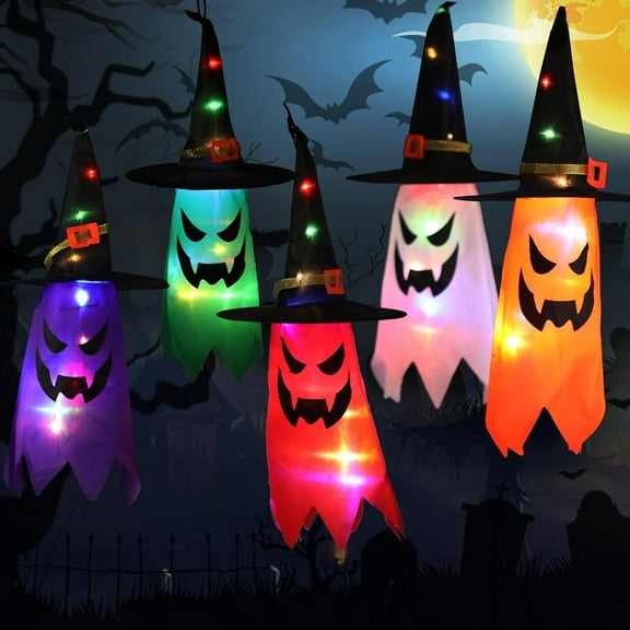 Halloween Hanging Witch Hats,5PCS Halloween Decorations Outdoor Ghosts with Glowing Ghost Hat Lights,Witch Accessories Caps for Halloween Party Yard Patio Garden Tree Outside