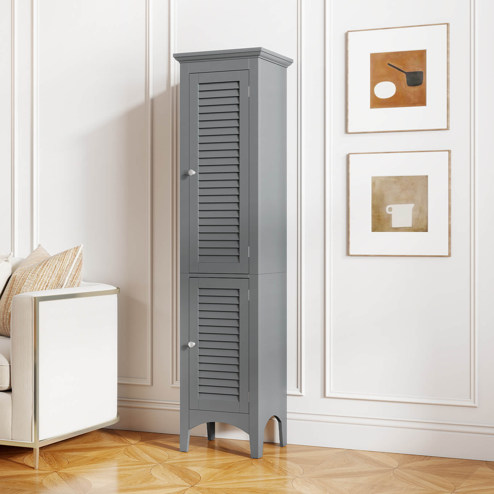 Costway 63” Tall Bathroom Cabinet with 2 Louvered Doors & Adjustable Shelf, Elevated Legs Gray