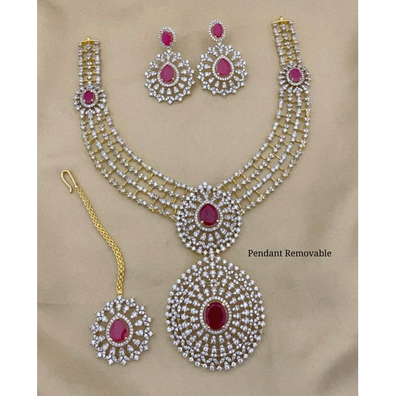 South Indian Bollywood GJ Polish Gold-Plated Ruby Haram Necklace Set – White & Ruby AD CZ Stones with Matching Drop Earrings & Maangtika Bridal Jewelry