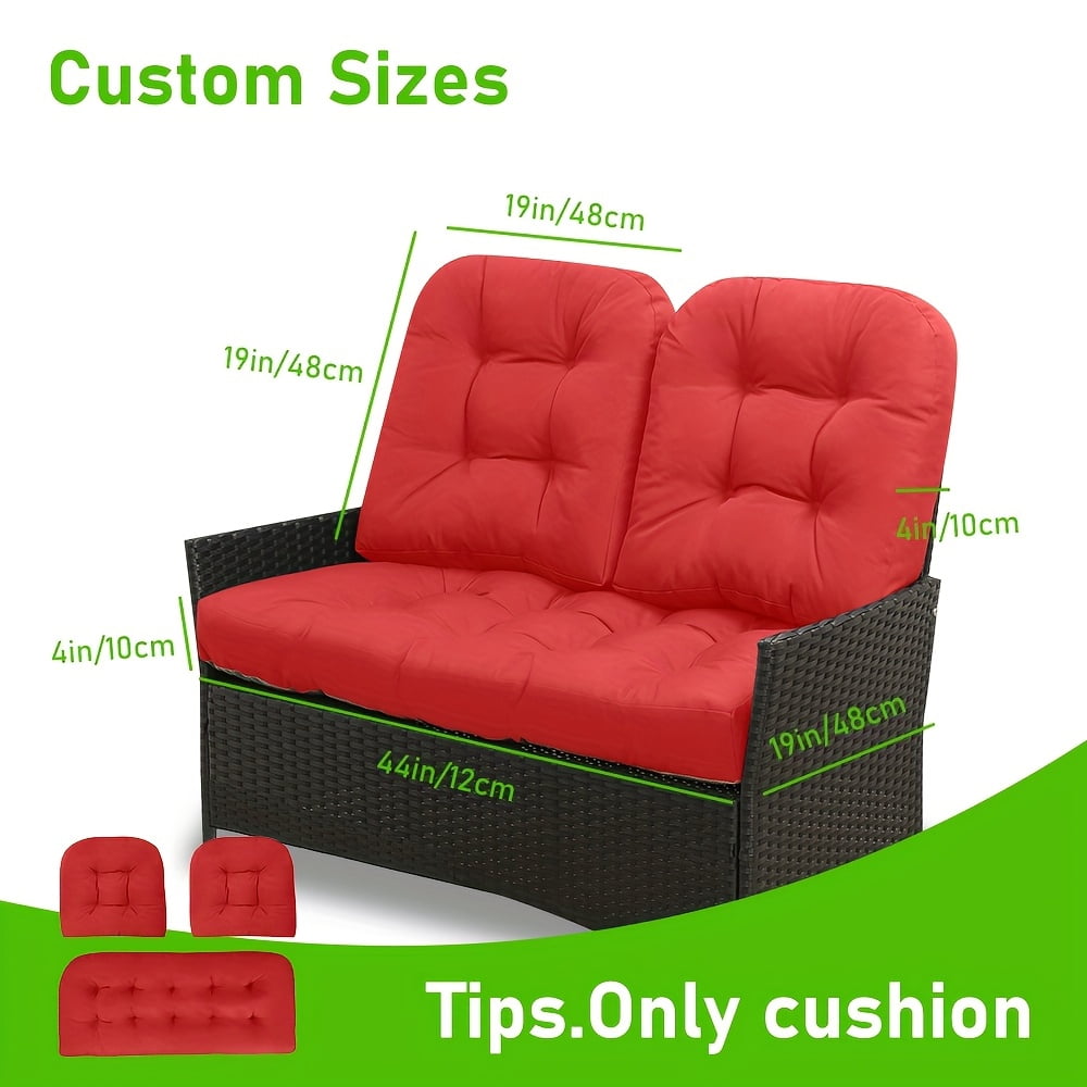 Outdoor/Indoor All Weather Tufted Wicker Chair Cushions of 3 Pieces（2-19*19*4in+1-44*19*4in）, 1 Loveseat and 2 U-Shape Waterproof Cushions for Patio Furniture,Wicker Loveseat,Bench-Red
