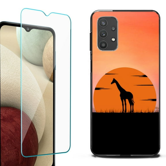 Slim-Fit Flexible TPU Gel Phone Case (black) for Samsung Galaxy A32 5G, with Tempered Glass Screen Protector, by OneToughShield ® - Sunset Giraffe