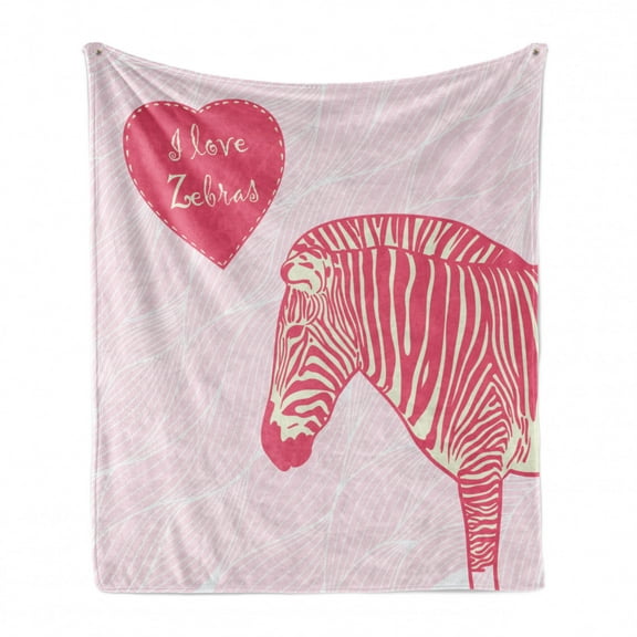 Pink Zebra Soft Flannel Fleece Throw Blanket, I Love Zebras in Heart Romantic Wilderness Nature Savannah Fashion, Cozy Plush for Indoor and Outdoor Use, 50" x 70", Pink Ivory Pale Pink, by Ambesonne