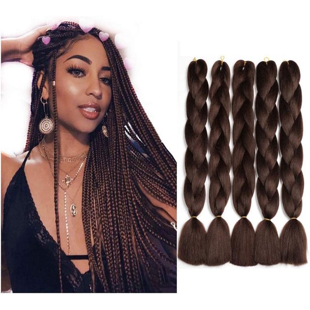 Chocolate Brown-4# Trenza Hebras de Cabello,Extensión de Cabello Trenza de 24",5 Paquetes de Hebras Trenzadas Africanas,Extensión de Cabello de Fibra Sintética para Torcedura de Ganchillo
