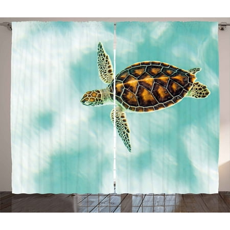 Seafoam Living Room Set Turtle Curtains 2 Panels Set, Cute Baby Turtle Swimming in Abstract Waters Serene Nature Picture, Window Drapes for Living Room Bedroom, 108W X 63L Inches, Seafoam Brown Pale Coffee, by Ambesonne ()