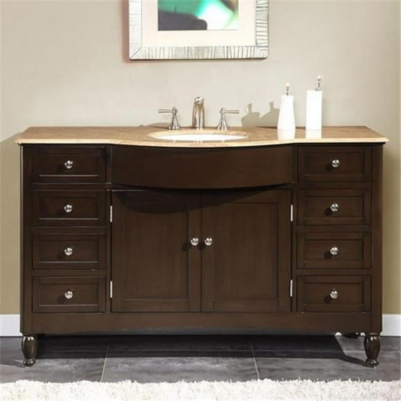 Silkroad Exclusive Modern Travertine Bathroom Vanity- Single Sink - 58 in. Wide