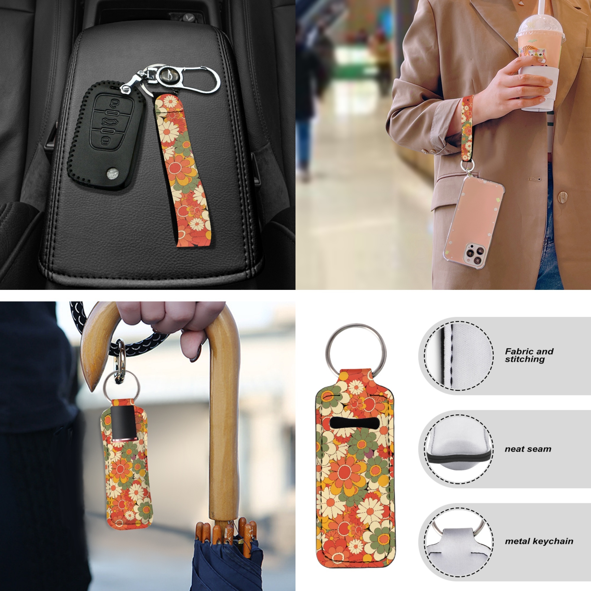 Jeiento Abstract Hippie Flower 13 PCS Car Seat Cover Set, with Steering Wheel Seat Belt Covers Center Console Pad Coasters Keychain Lipstick Holder Auto Interior Accessories Full Set for Women