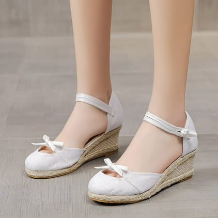 

Women Shoes Fashion Women Summer Weave Bow Comfortable Wedges Shoes Beach Round Toe Breathable Sandals White 8